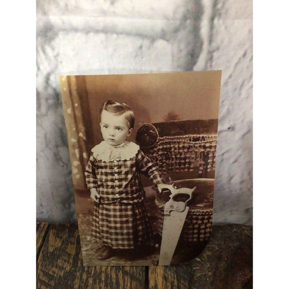 Vintage Photo Reprint Photo Boy With Hand Saw Odd Creepy - Picture 8 of 10